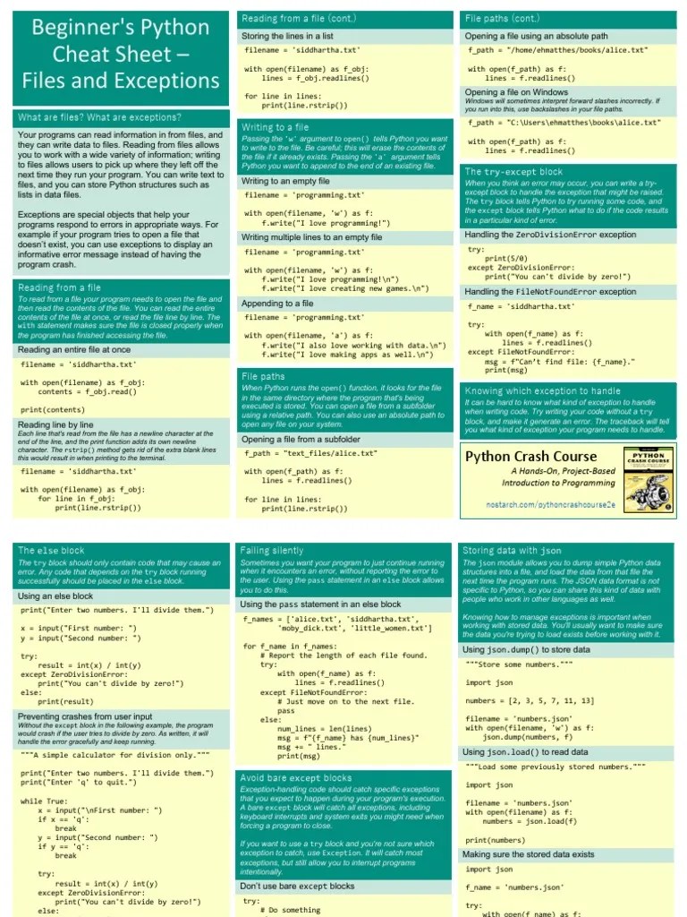7 Beginners - Python - Cheat - Sheet - PCC - Files - Exceptions PDF | PDF | Text File | Computer ...