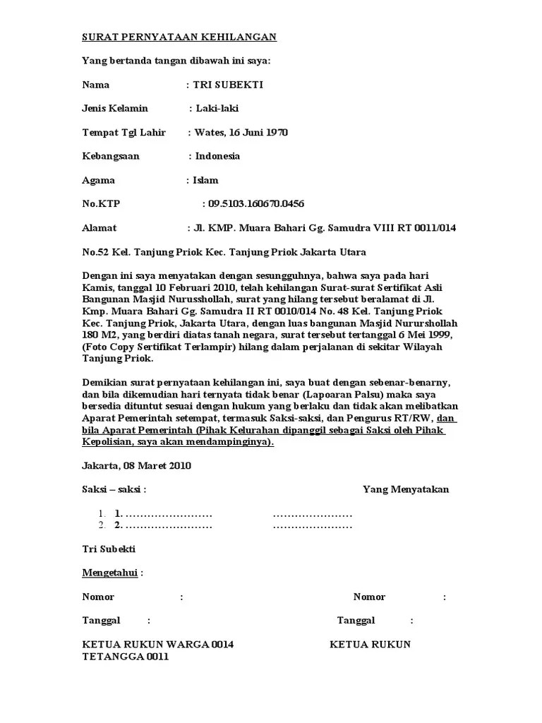 Adalah benar mahasiswa fakultas ilmu sosial dan ilmu politik universitas mulawarman telah kehilangan ktm. Surat Pernyataan Kehilangan Surat Tanah