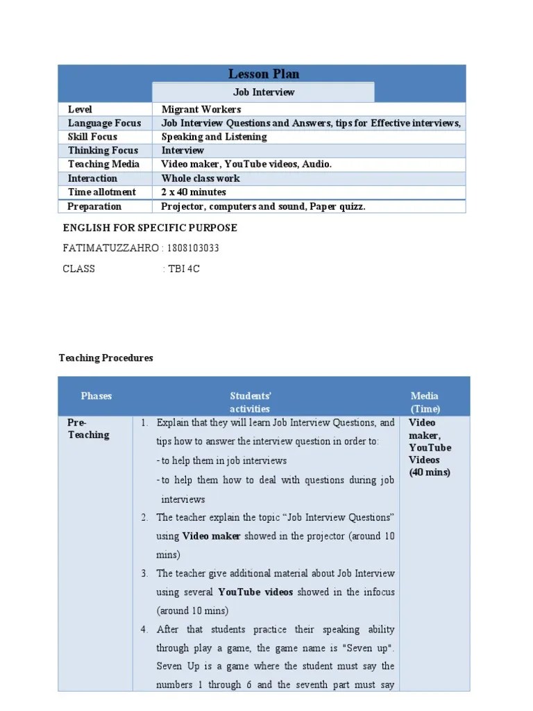 Lesson Plan: Phases Students' Activities Media (Time) | PDF | Interview ...