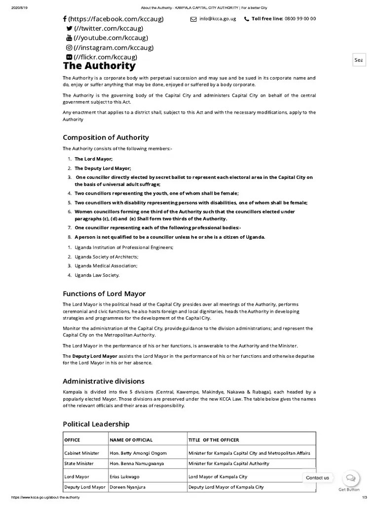 About The Authority - KAMPALA CAPITAL CITY AUTHORITY - For A Better City | PDF