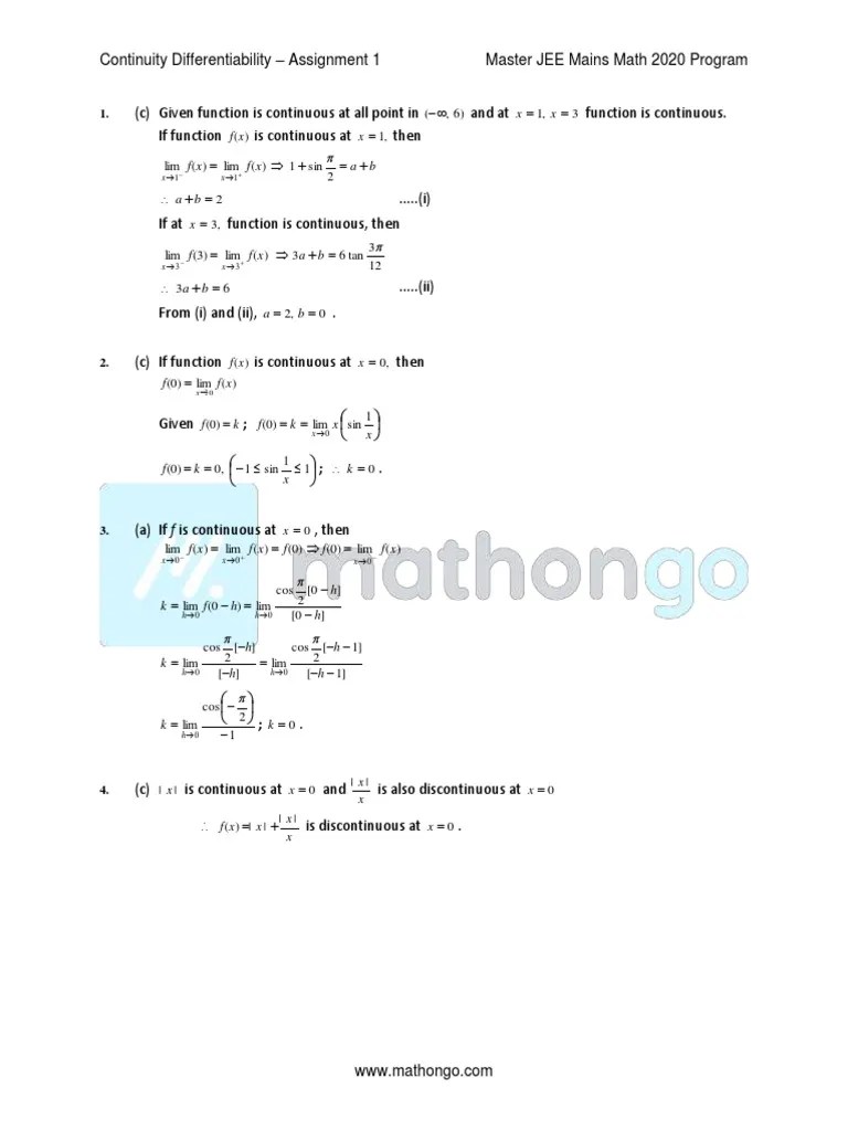 Continuity Differentiability - Sheet - 1 - Mathongo - Solutions PDF ...