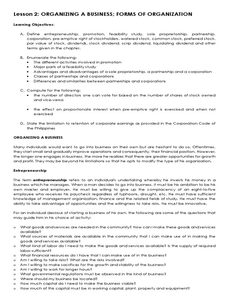 Lesson 2 Organization PDF | PDF | Partnership | Corporations