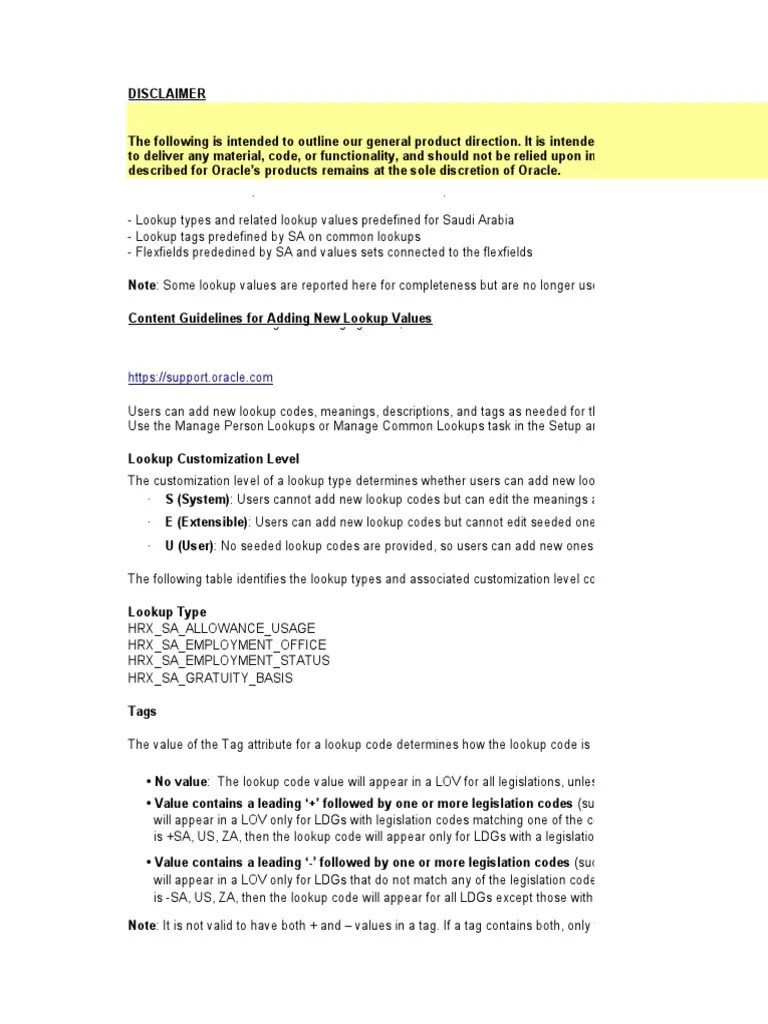 Oracle Fusion HRMS SA Lookups Flexfields | PDF | Tag (Metadata) | Data Management