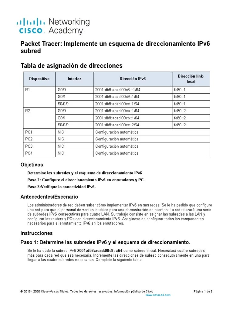 12.9.1 Packet Tracer - Implement A Subnetted IPv6 Addressing Scheme ...