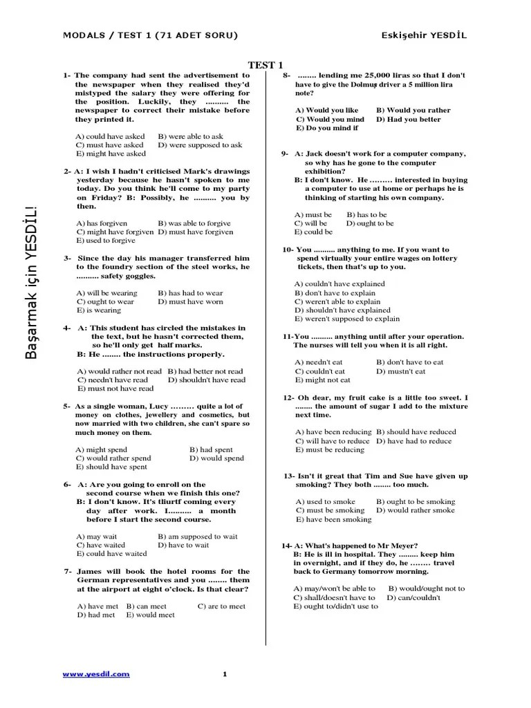 Test 1: Modals / Test 1 (71 Adet Soru) Eskişehir Yesdđl | PDF