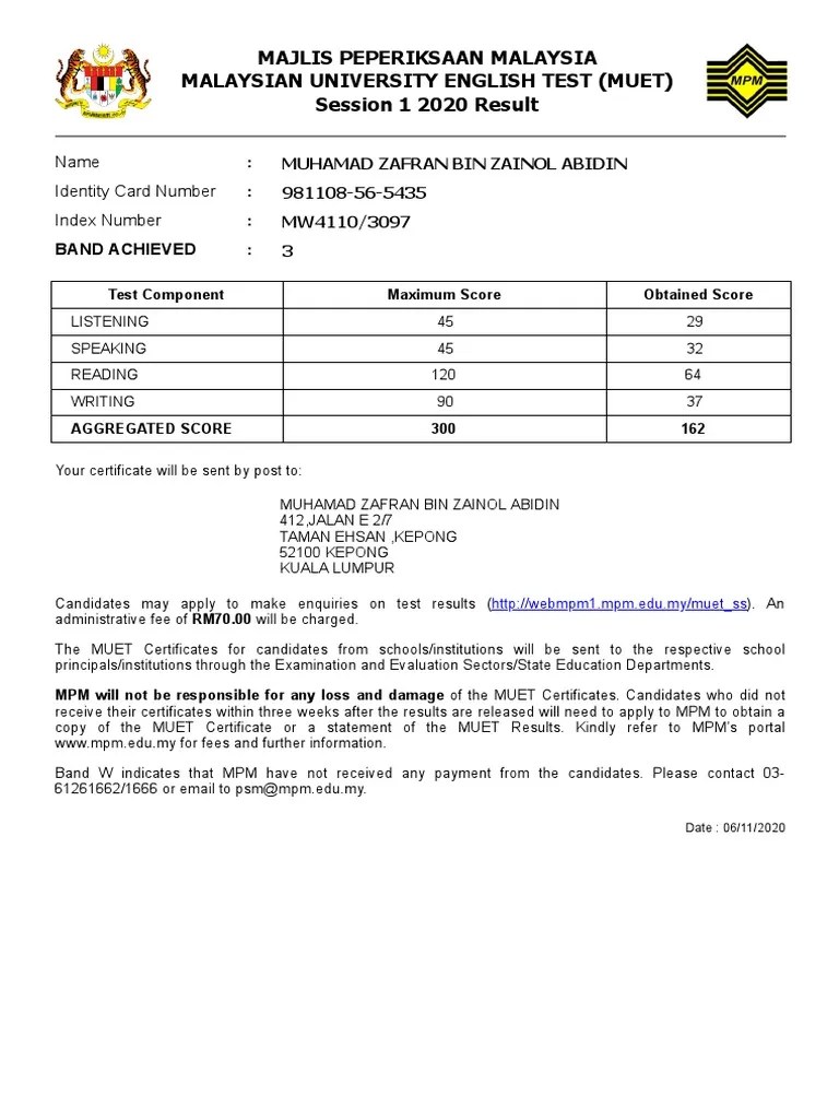 Kad pengenalan dan sms ke 15888 · contoh: Muet Result 2020 Semakan Keputusan Muet Sesi November 2020 Online
