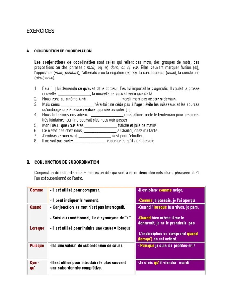 Exercices: A. Conjonction de Coordination | PDF | Linguistique | Grammaire