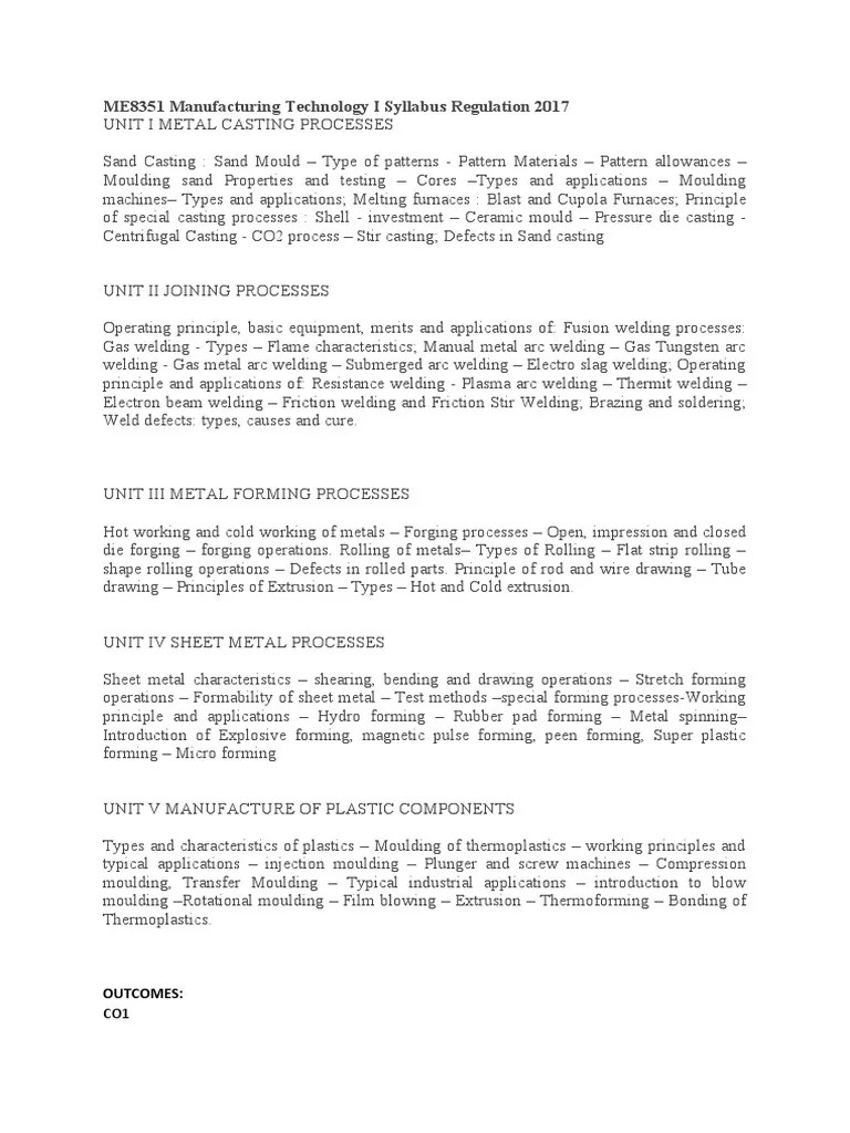 ME8351 Manufacturing Technology I Syllabus Regulation 2017 | PDF ...