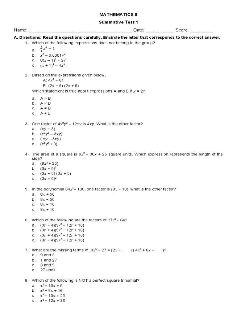 Summative Test In Math 8 1st Quarter | Download Free PDF | Cartesian ...