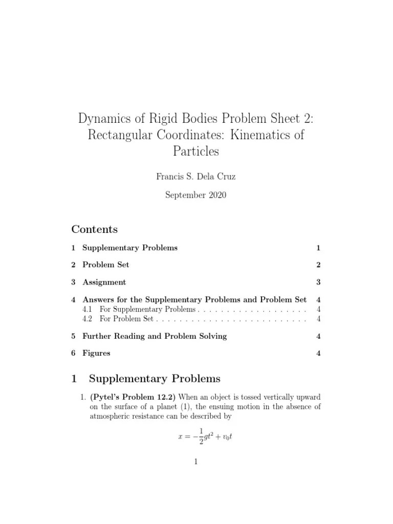 Dynamics Of Rigid Bodies Problem Sheet 2: Rectangular Coordinates: Kinematics Of Particles | PDF ...