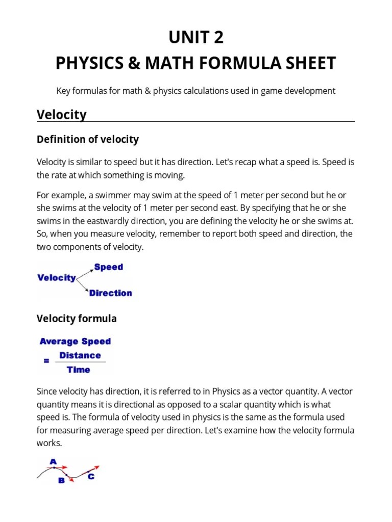 Unit 2 Physics & Math Formula Sheet: Velocity | PDF | Velocity | Speed