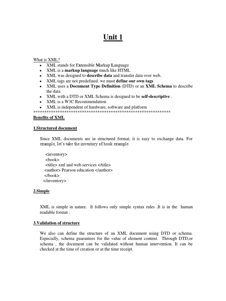 Unit 1: Benefits Of XML 1.structured Document | PDF | Xml Schema | Xml