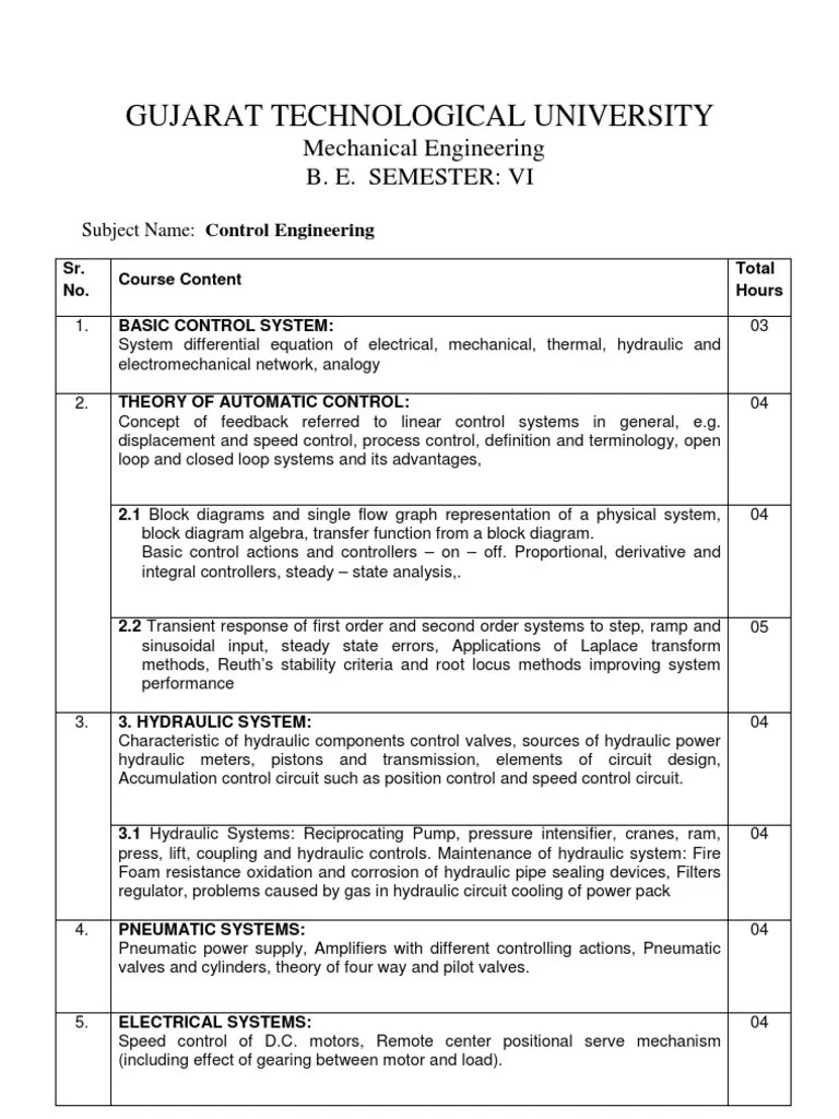 GTU MECHANICAL SEM-6 Control Engineering Syllabus | Control Theory ...