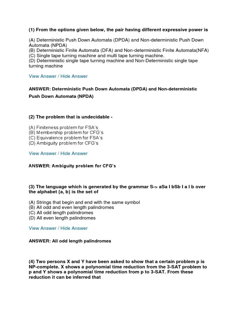 Theory Of Computation MCQ Sets | PDF | Parsing | Formalism (Deductive)