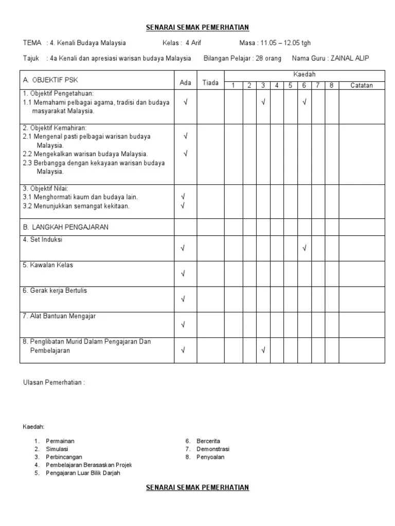 Sebagai contoh, dalam hal prosedur atau elemen yang dijangka dapat dijumpai . Contoh Senarai Semak Pemerhatian Pdf