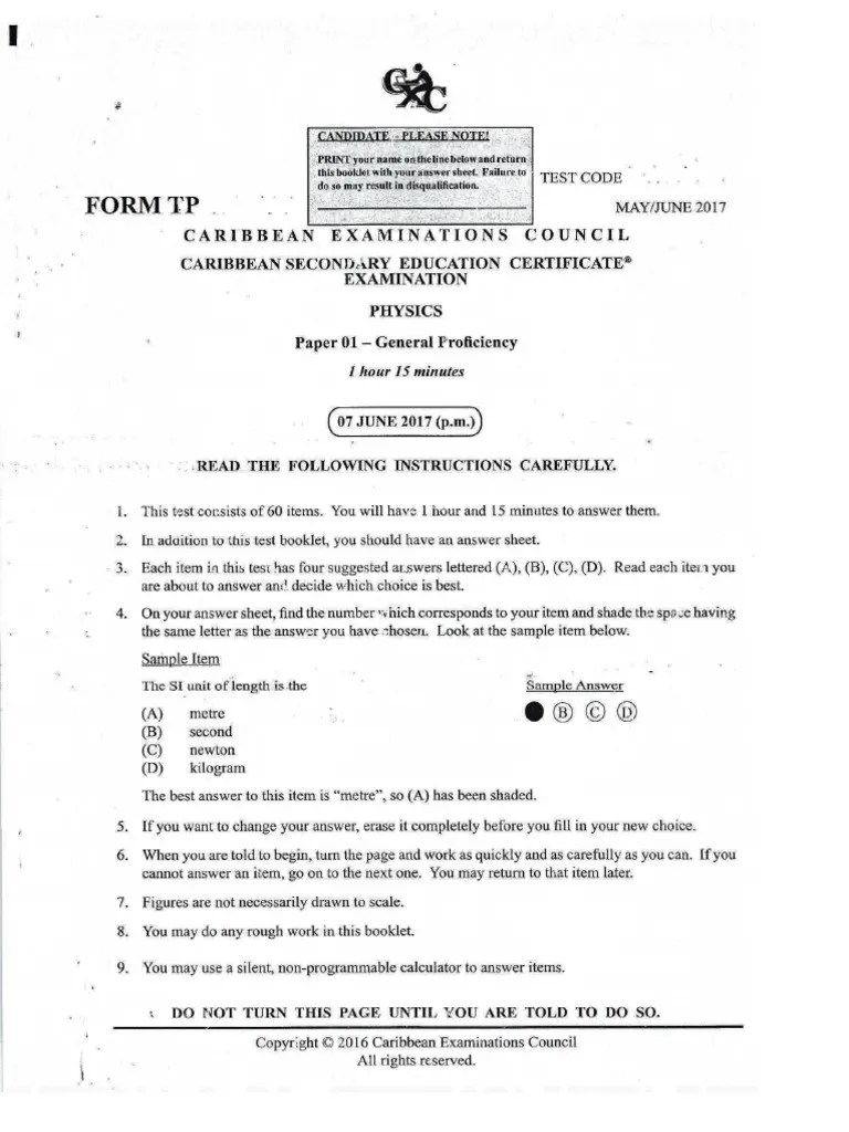 CSEC Physics June 2017 P1 PDF | PDF