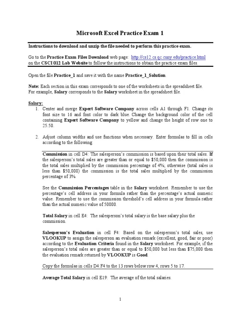 Microsoft Excel Practice Exam 1 | Download Free PDF | Worksheet ...