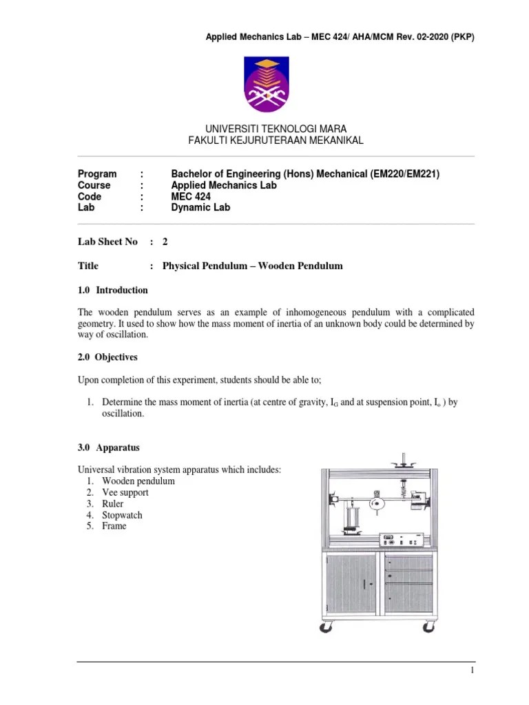 Dynamics Lab Sheet 2 - Physical Pendulum Experiment - PKP PDF | PDF ...
