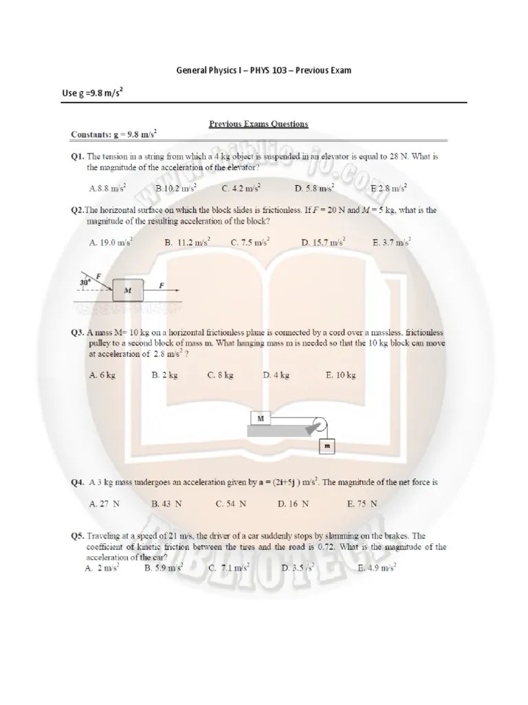 General Physics I - PHYS 103 - Previous Exam Use G 9.8 M/s | PDF