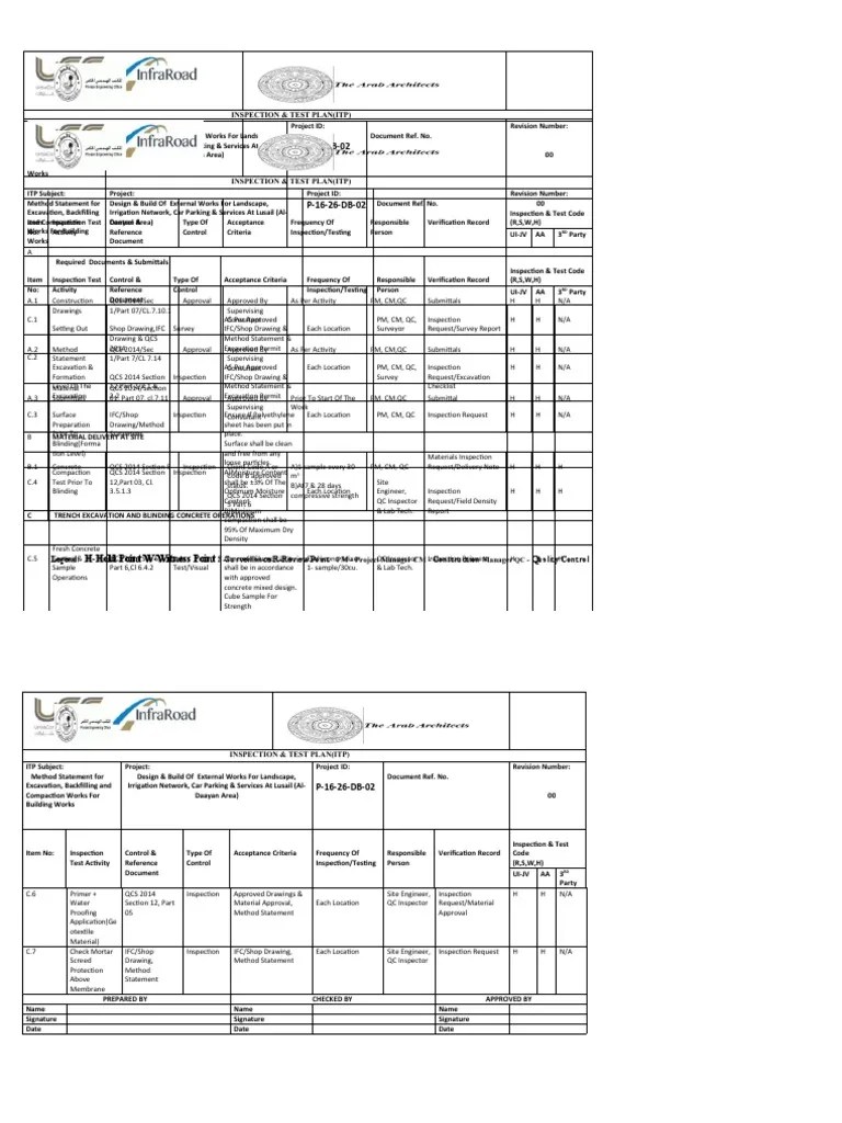 Itp For For Excavation, Backfilling & Compaction For Building Works ...