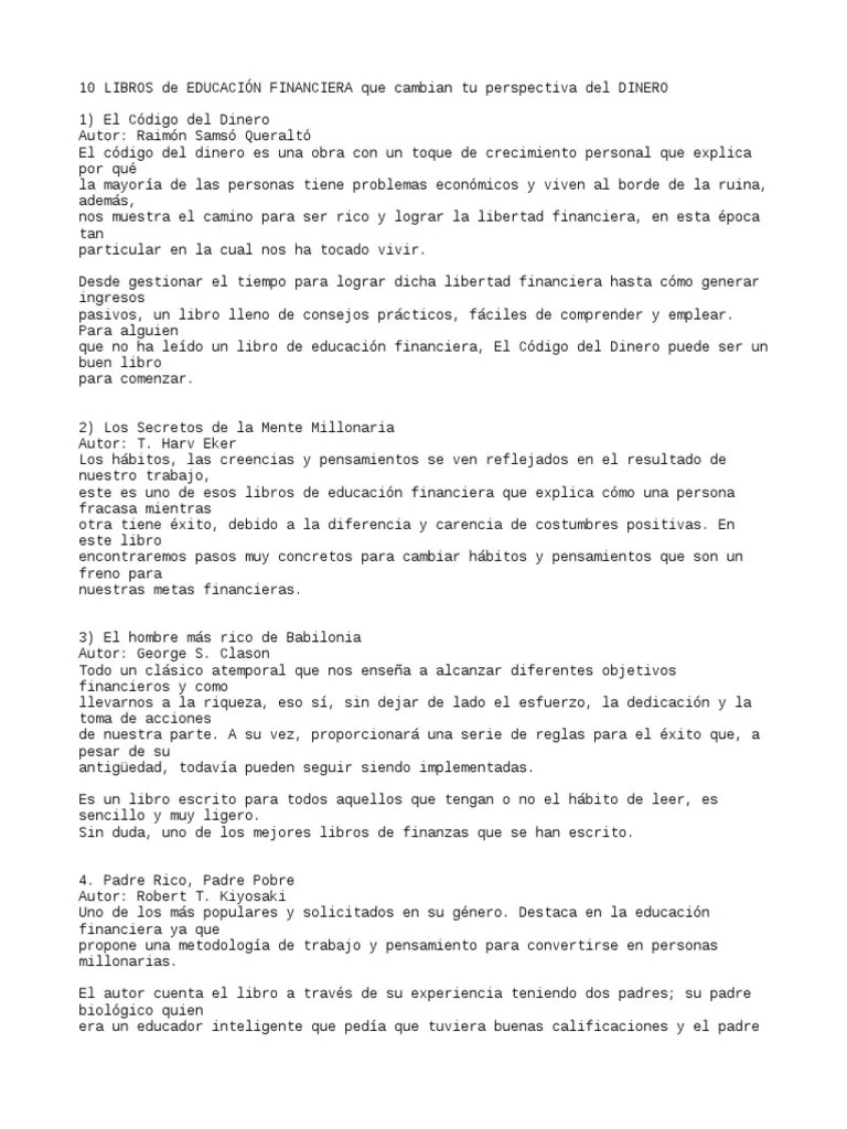 10 Libros De Educación Financiera Que Cambian Tu Perspectiva Del Dinero ...