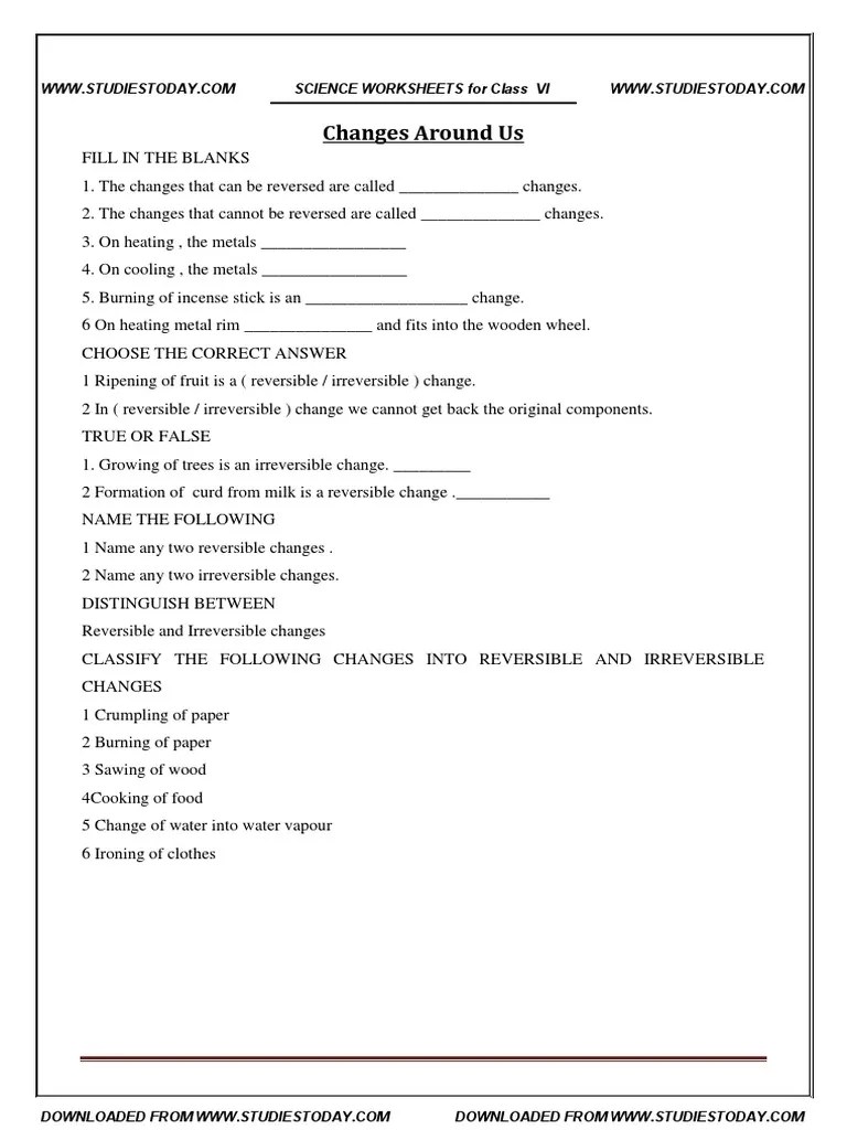 cbse class 6 worksheet changes around us pdf water chemistry