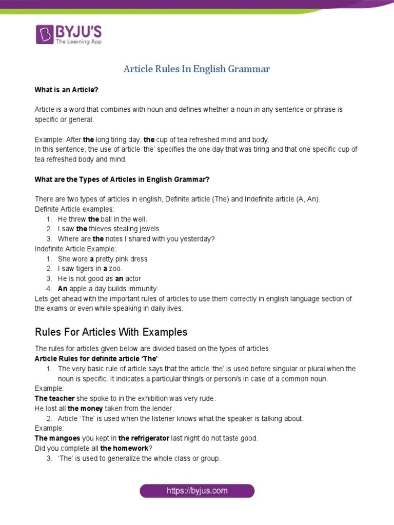 Article Rules In English Grammar: Rules For Articles With Examples ...