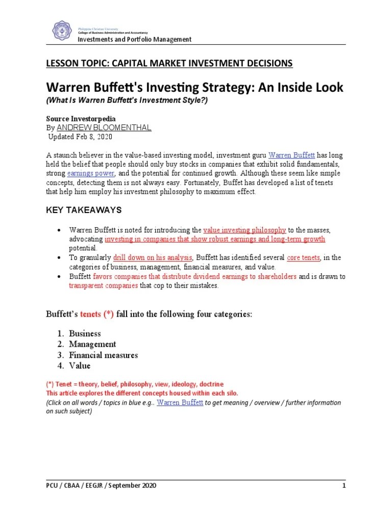 00 Investment Warren Buffet Investment Strategy | PDF | Cost Of Capital | Financial Analyst