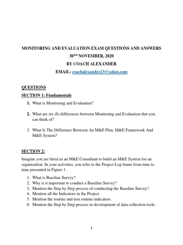 MONITORING AND EVALUATION EXAM QUESTIONS AND ANSWERS Part 1 | PDF