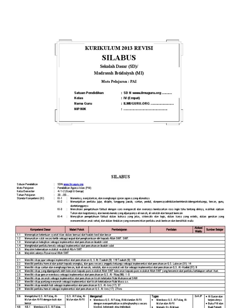 Silabus adalah seperangkat rencana pelaksanaan . Silabus Pai Kelas 4 Sd 6 Kolom Pdf