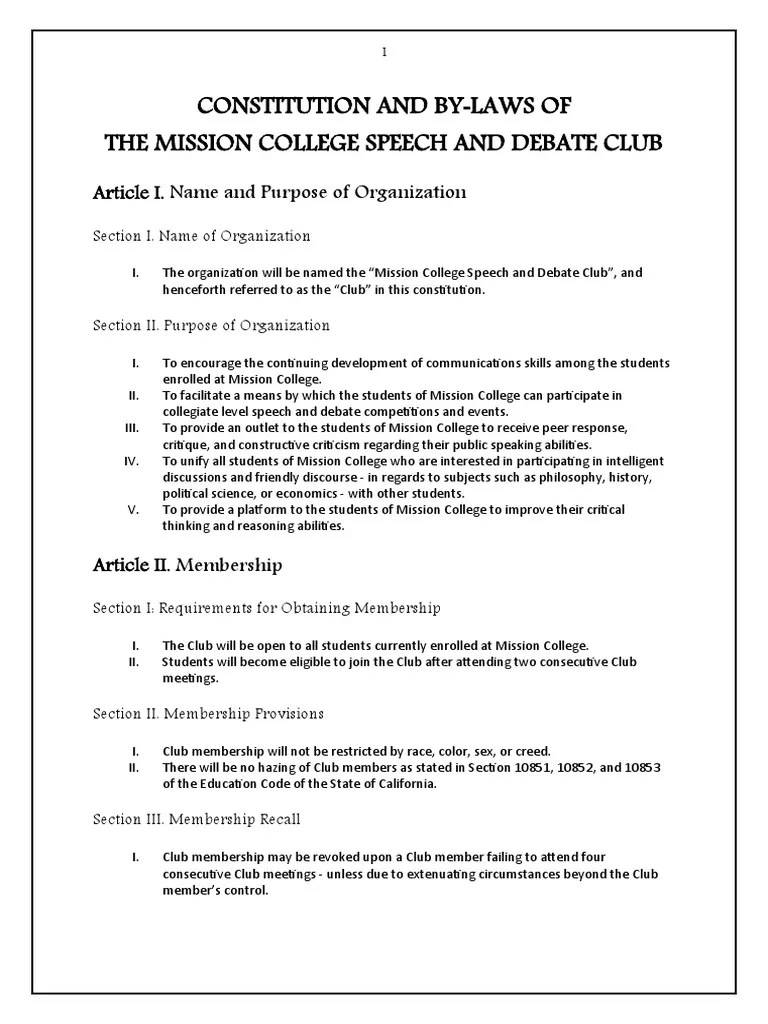 Constitution And By-Laws Of The Mission College Speech And Debate Club ...