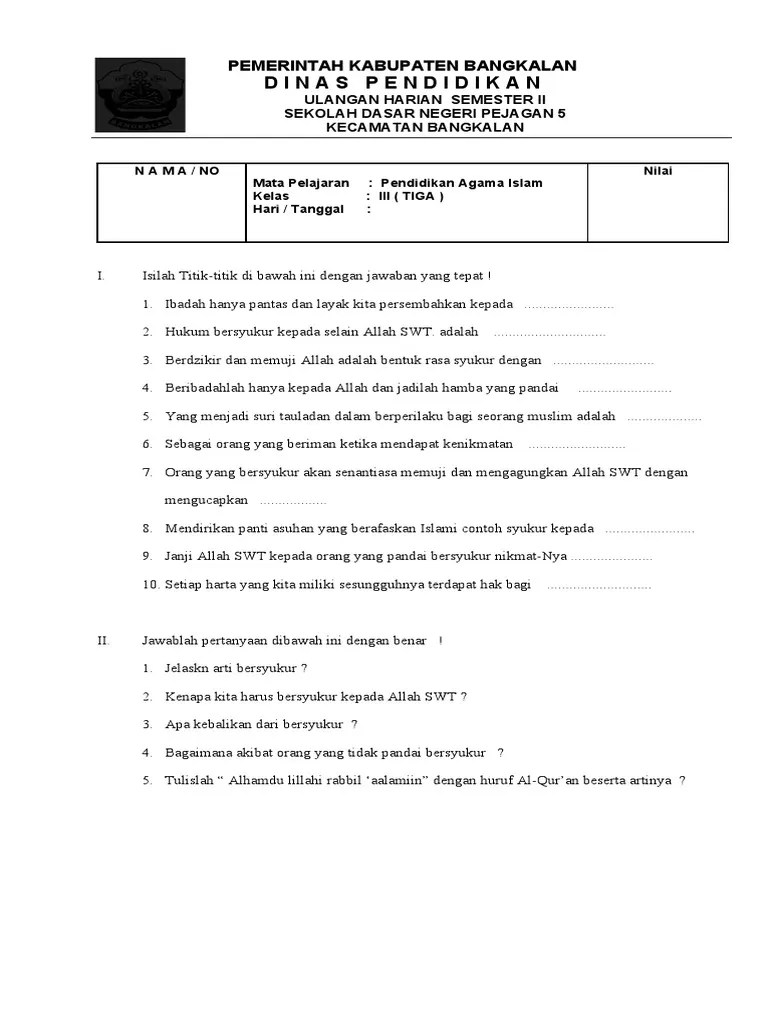 Ulangan Harian Pai Kelas 3 (Bersyukur Kepada Allah SWT) | PDF