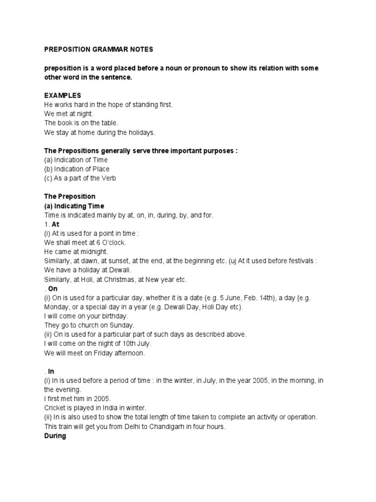 Preposition Grammar Notes | PDF | Preposition And Postposition | Semantic Units