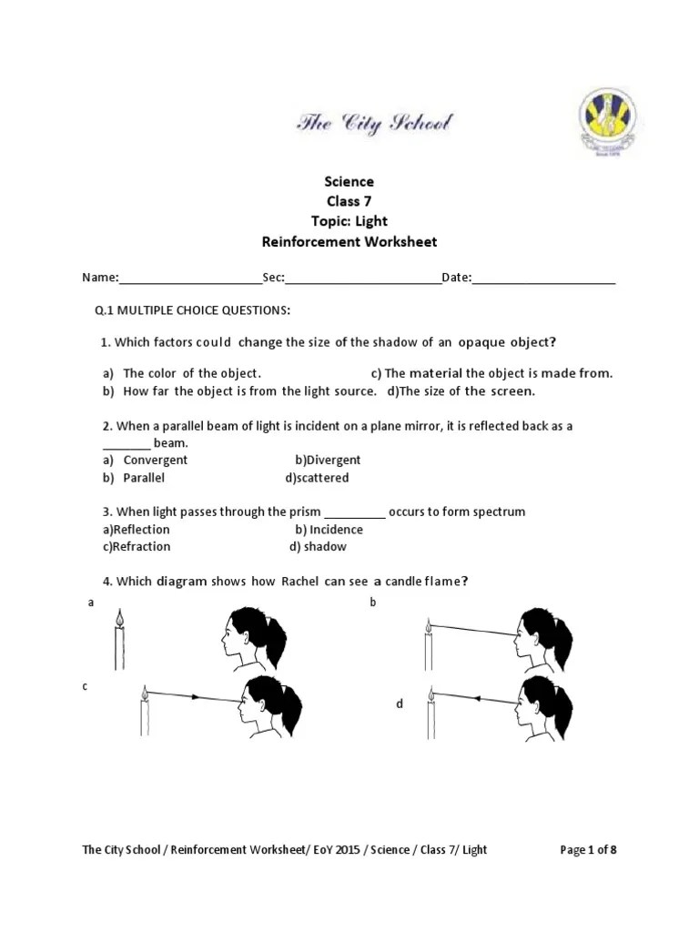 Science Class 7 Topic: Light Reinforcement Worksheet | PDF | Mirror | Eye