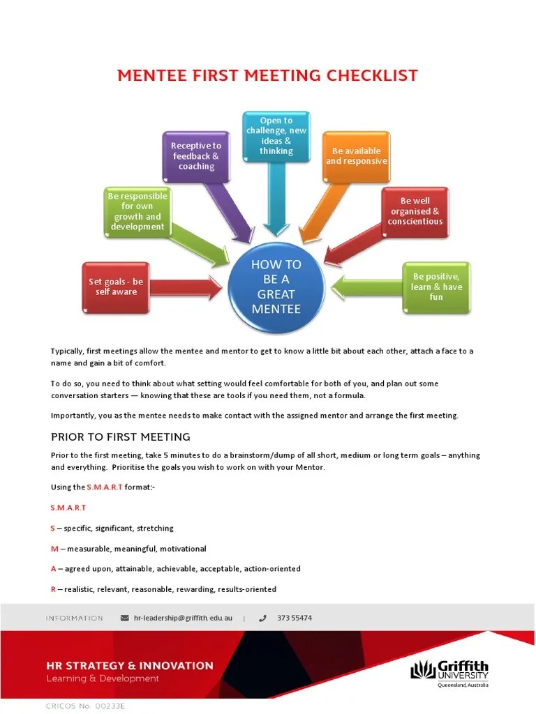 Mentee First Meeting Checklist PDF | PDF | Mentorship | Goal