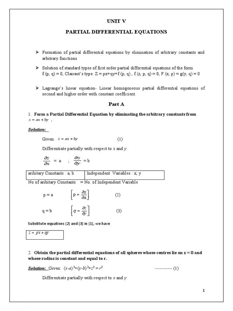 Unit V Partial Differential Equations: Solution | PDF | Equations | Analysis