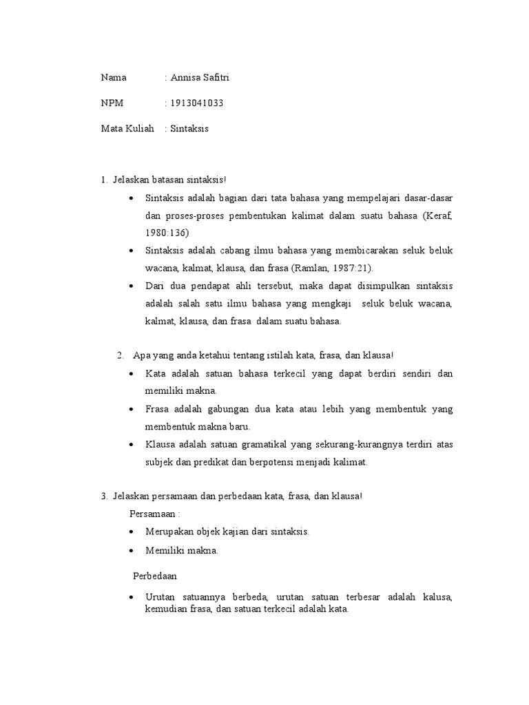 Tugas 1 - Annisa Safitri 1913041033 (SINTAKSIS PRATES) | PDF