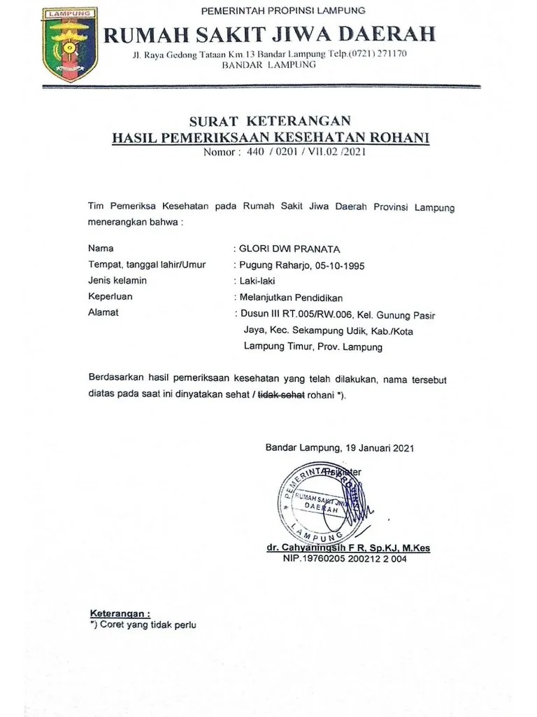 Surat Keterangan Sehat Rohani | PDF
