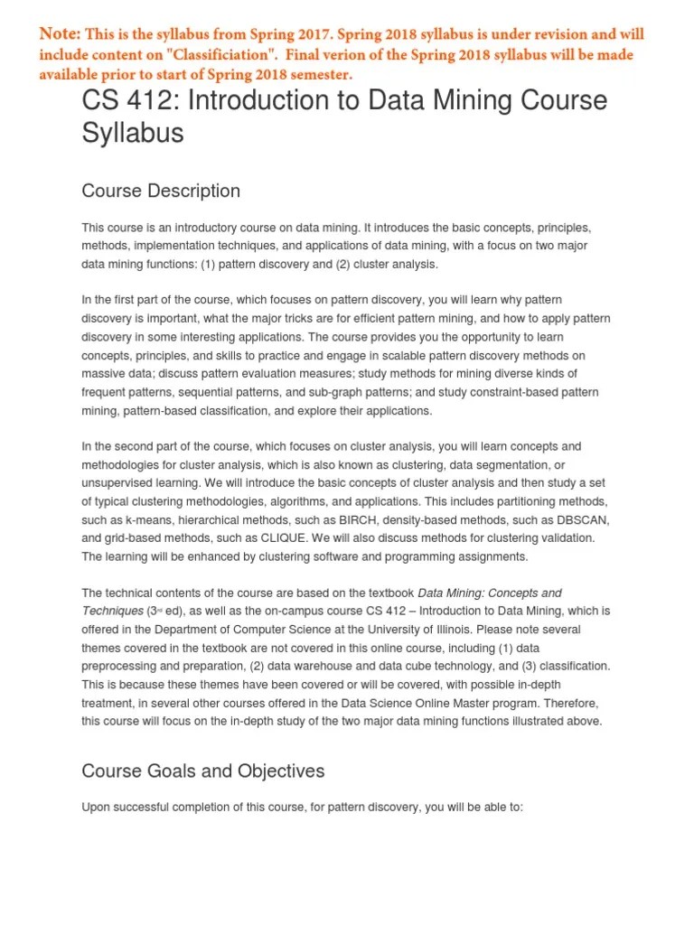 CS 412: Introduction To Data Mining Course Syllabus | PDF | Computers