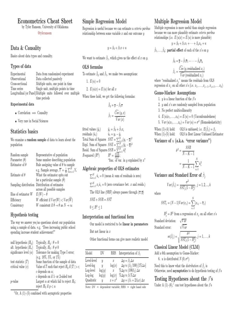 Econometric S Cheat Sheet | PDF | Ordinary Least Squares | Errors And ...