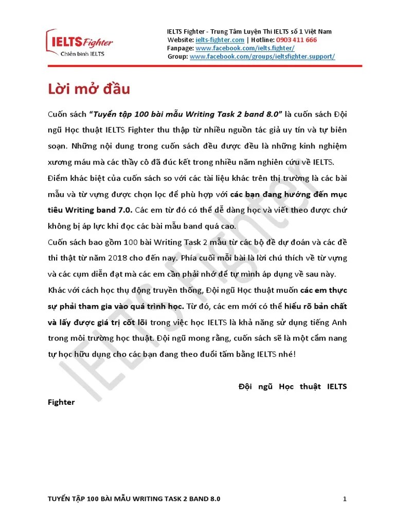Tuyển Tập 100 Bài Mẫu Writing Task 2 Band 8 - IELTS Fighter Tổng Hợp | PDF