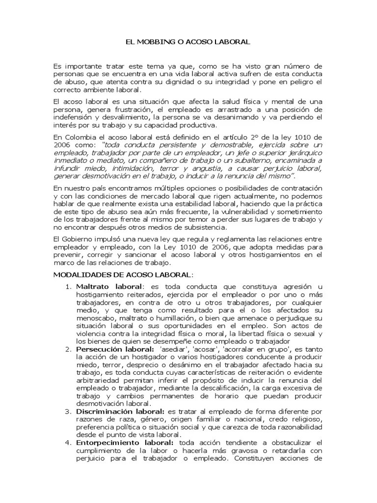 El Mobbing O Acoso Laboral | PDF | Acoso Sexual | Derecho Laboral