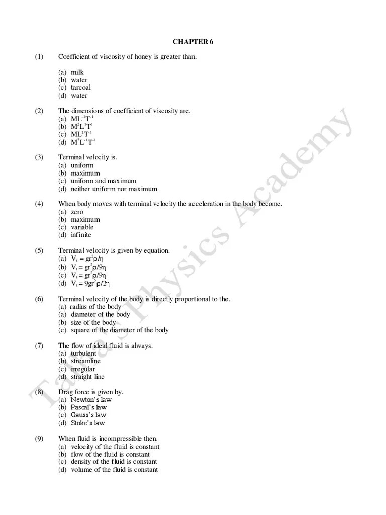Chapter 6 Mcqs Fluid Dynamics | PDF | Fluid Dynamics | Chemical Engineering