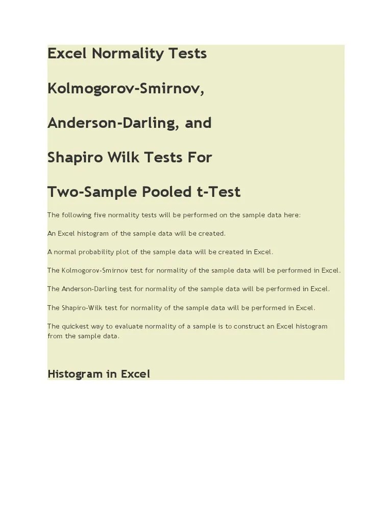 Excel Normality Tests Kolmogorov-Smirnov, Anderson-Darling, And Shapiro ...