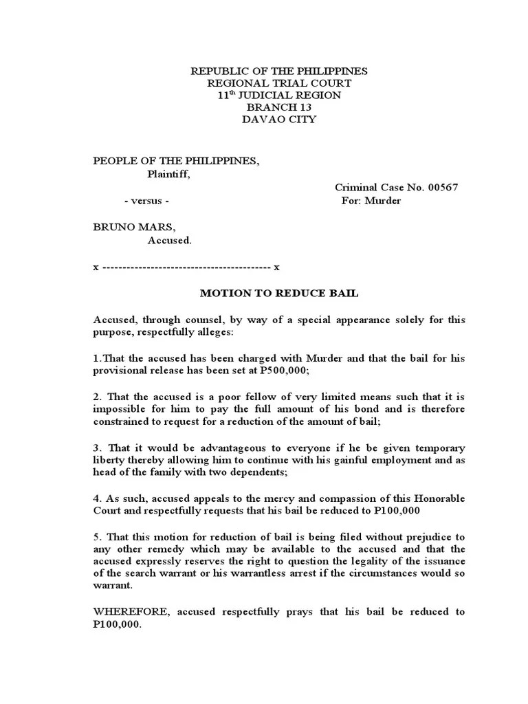 7-Motion-to-Reduce-Bail (1) Asssss | PDF | Bail | Prosecutor