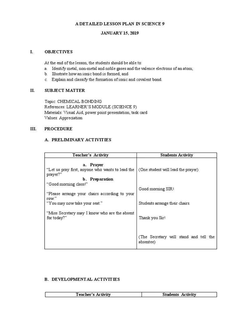 A Detailed Lesson Plan In Science 9i | PDF | Chemical Bond | Covalent Bond