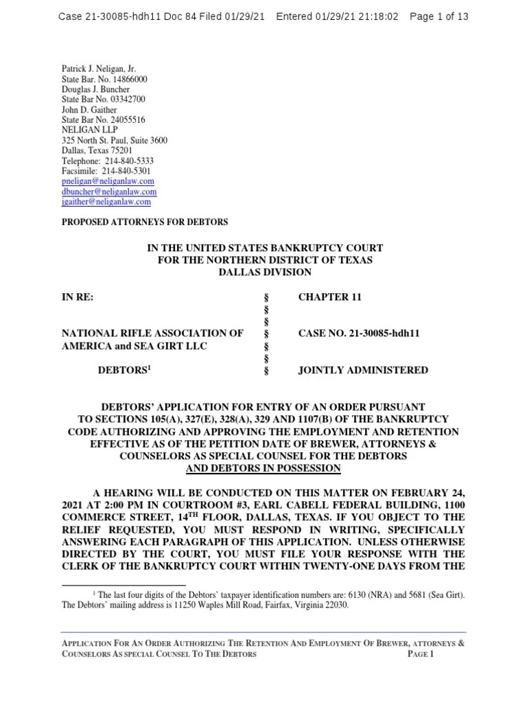 NRA Bankruptcy Petition For Special Debtor's Counsel | PDF | Bankruptcy In The United States ...