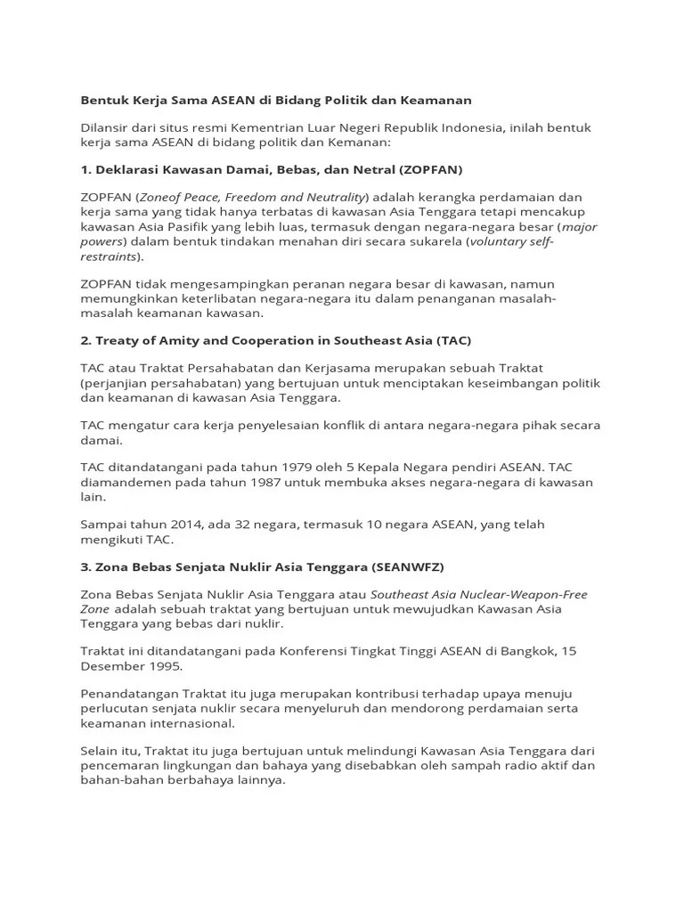 Bentuk Kerja Sama ASEAN Di Bidang Politik Dan Keamanan | PDF