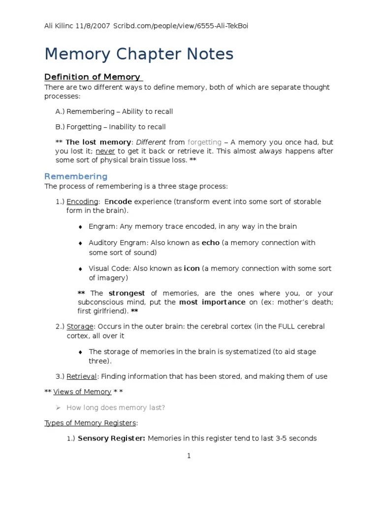 PSY 191 Memory Notes | PDF | Recall (Memory) | Memory