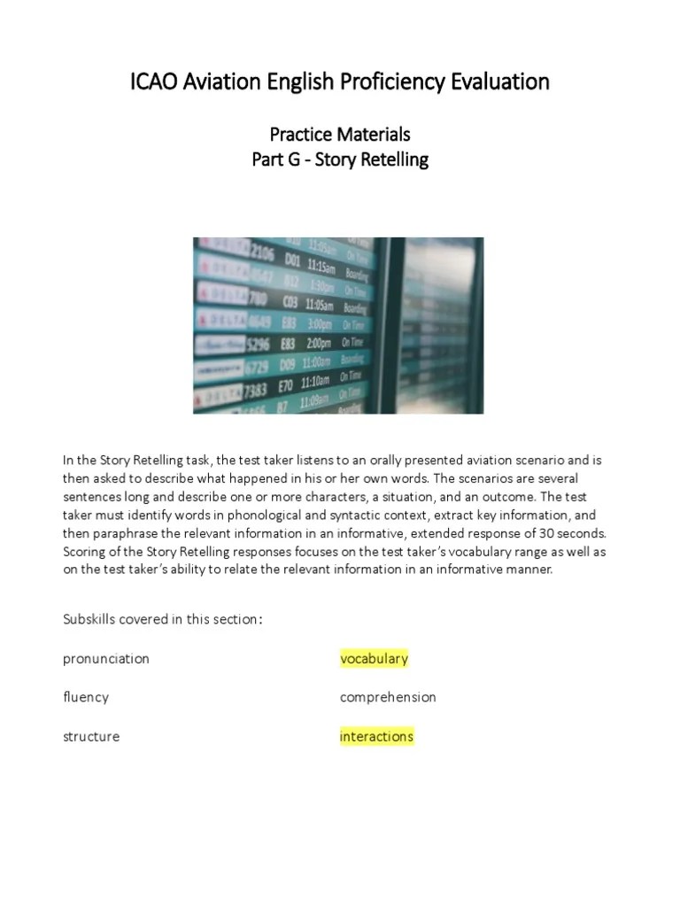 ICAO Aviation English Proficiency Evaluation: Practice Materials Part G - Story Retelling | PDF ...
